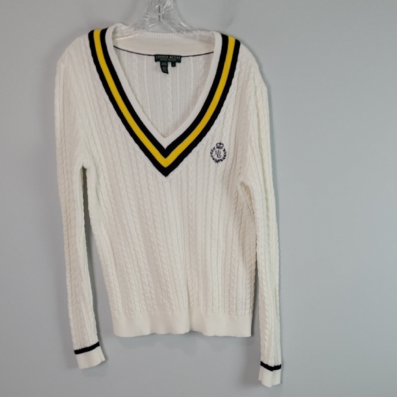 Ralph Lauren Sweaters - Ralph Lauren Cotton Varsity V-neck Cable Knit Sweater Embroidered Crest Logo XL